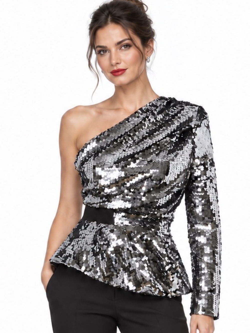 Carven One Shoulder Sequin Peplum Top Size 36 US 4 Silver Black Party Night Out